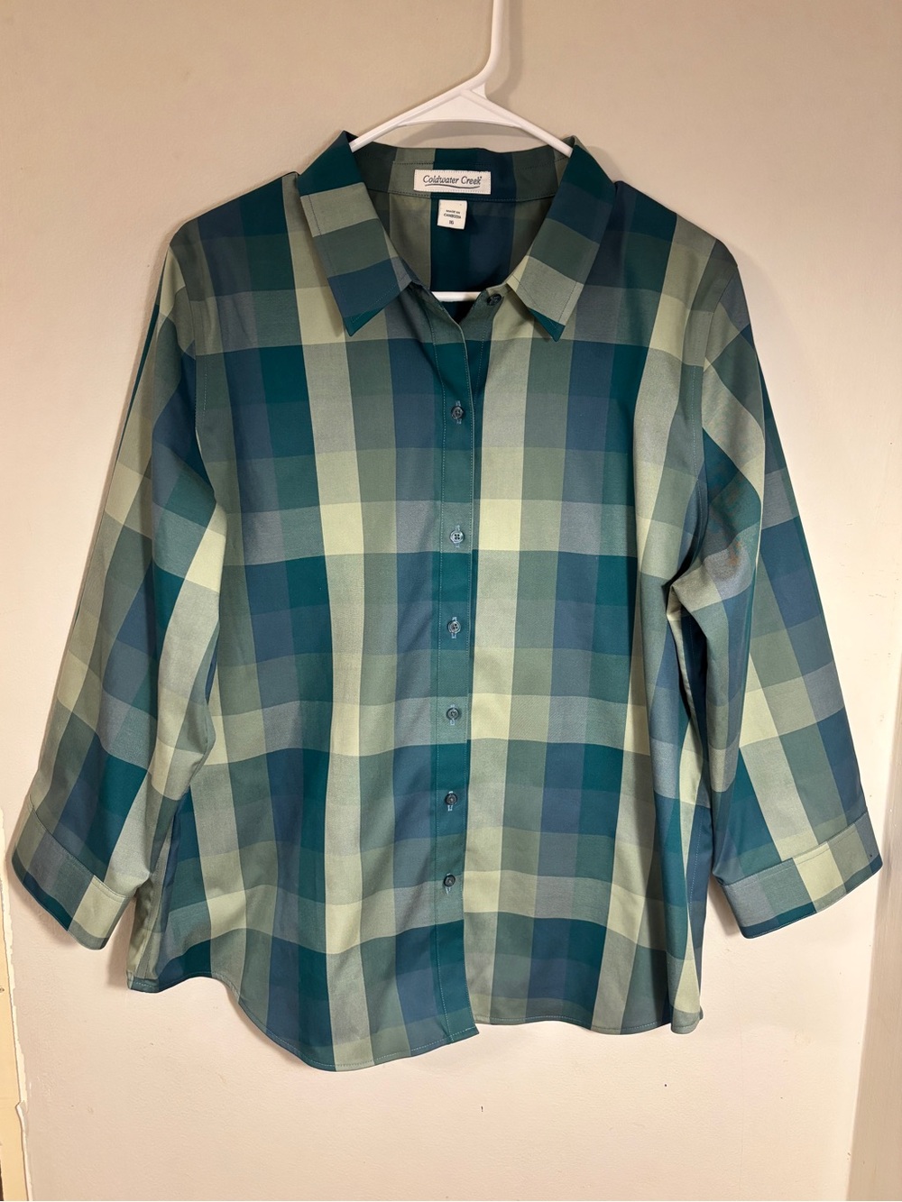 Coldwater Creek Plaid Button Up Shirt Womens 16 Teal Green Blue 100% cotton